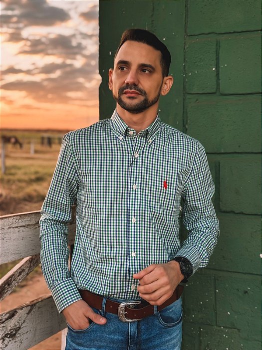 Camisa Ralph Lauren Masculina Manga Longa Custom Fit Micro Xadrez Verde/Azul Pony Vermelho
