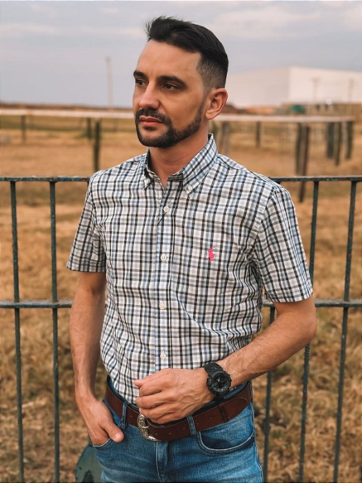 Camisa Ralph Lauren Masculina Manga Curta Custom Fit Xadrez Madras Preta/Azul Pony Pink