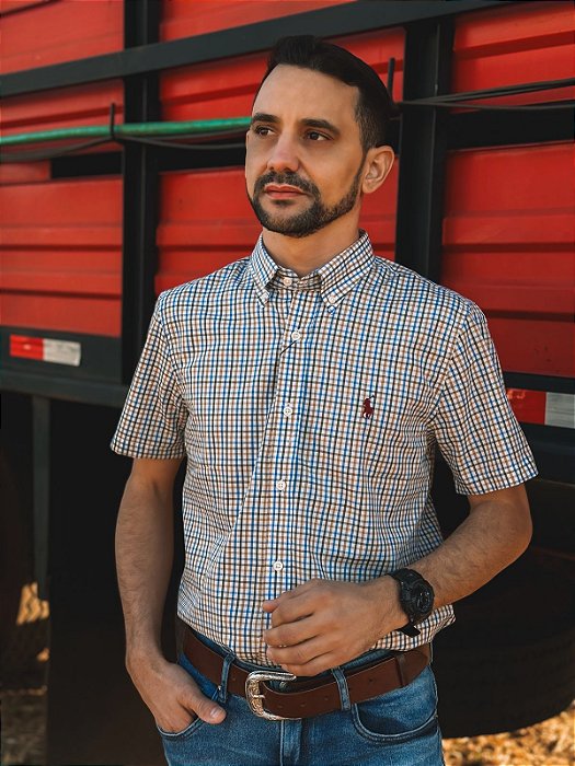 Camisa Ralph Lauren Masculina Manga Curta Custom Fit Xadrez Madras Caramelo/Azul/Verde Pony Rubi