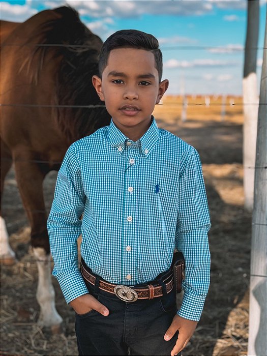 Camisa Ralph Lauren Infantil Manga Longa Micro Xadrez Verde Pony Azul Bic