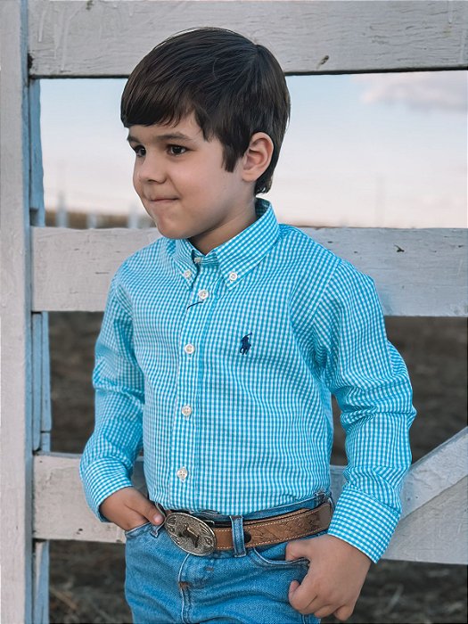 Camisa Ralph Lauren Infantil Manga Longa Micro Xadrez Azul Celeste Pony Azul Bic