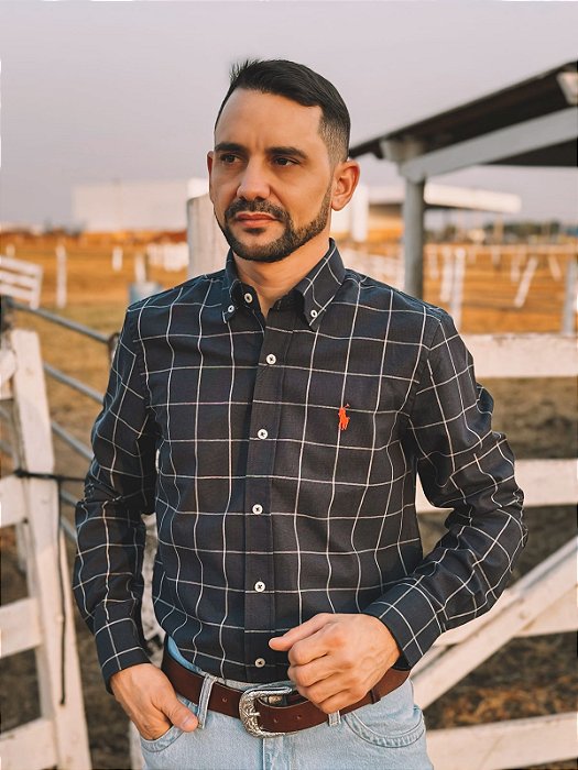 Camisa Ralph Lauren Masculina Manga Longa Custom Fit Xadrez Quadros Azul Noite Pony Vermelho