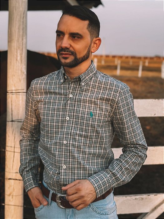 Camisa Ralph Lauren Masculina Manga Longa Custom Fit Xadrez Madras Verde Água/Cinza Pony Verde Água