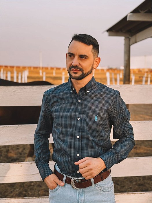 Camisa Ralph Lauren Masculina Manga Longa Custom Fit Xadrez Madras Azul Marinho/Marrom Pony Azul Celeste
