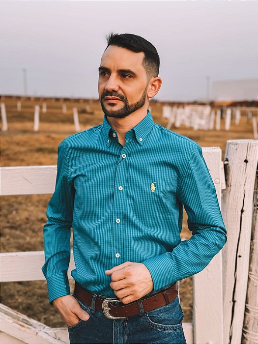 Camisa Ralph Lauren Manga Longa Micro Xadrez Azul Piscina Pony Amarelo