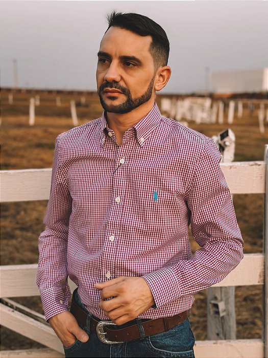 Camisa Ralph Lauren Manga Longa Micro Xadrez Roxa Pony Azul Celeste
