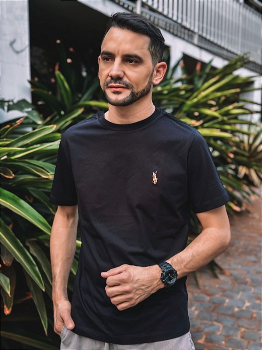 Camiseta Ralph Lauren Masculina Custom Slim Fit Preta Pony Colorido