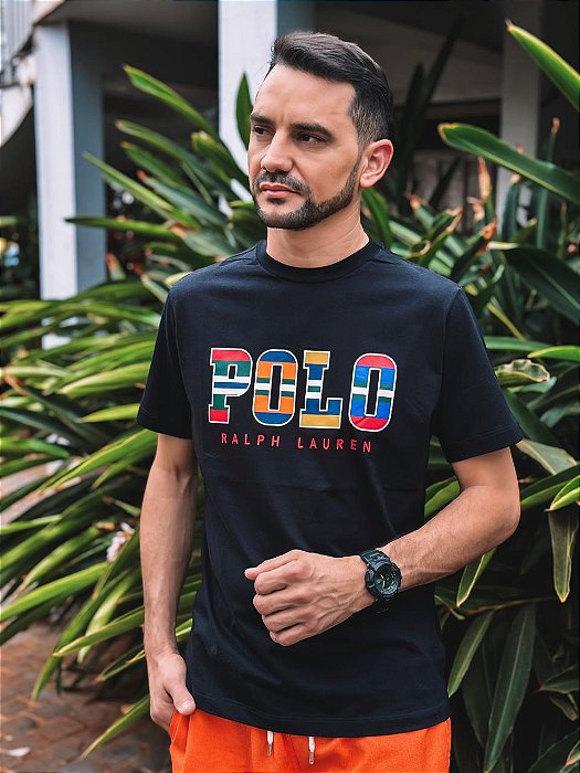 Camiseta Ralph Lauren Preta Cotton Egípicio Classic Fit Logo Listrado Colorido