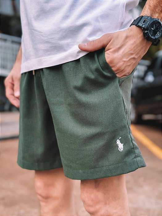 Shorts Ralph Lauren Linho Verde Musgo Pony Branco