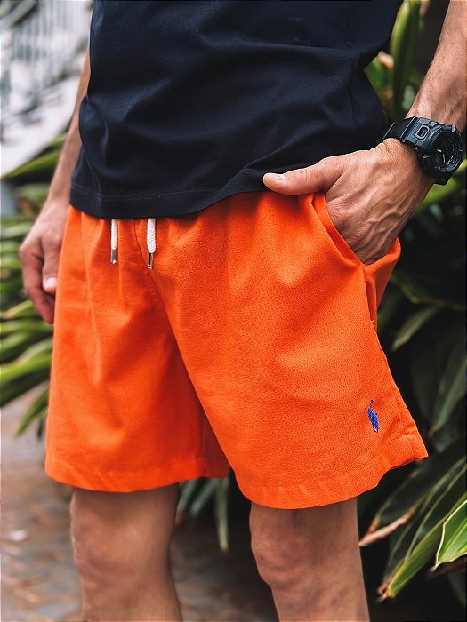 Shorts Ralph Lauren Linho Laranja Pony Azul Celeste