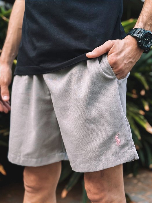 Shorts Ralph Lauren Linho Cinza Pony Rosa Bebê