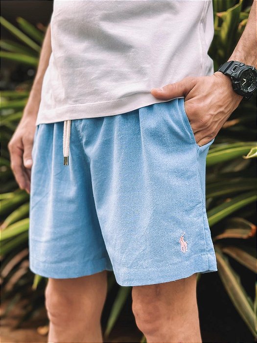 Shorts Ralph Lauren Linho Azul Bebê Pony Rosa Bebê
