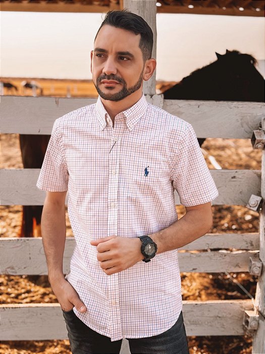 Camisa Ralph Lauren Masculina Manga Curta Custom Fit Xadrez Madras Laranja/Azul Pony Azul Bic