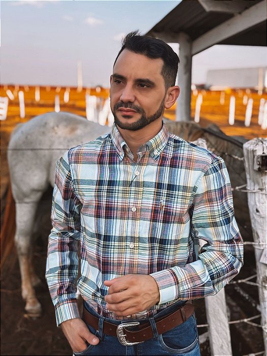 Camisa Ralph Lauren Masculina Manga Longa Custom Fit Xadrez Madras Azul/Vermelho Pony Colorido