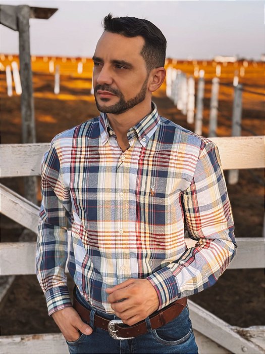Camisa Ralph Lauren Masculina Manga Longa Custom Fit Xadrez Madras Azul/Amarelo Pony Colorido