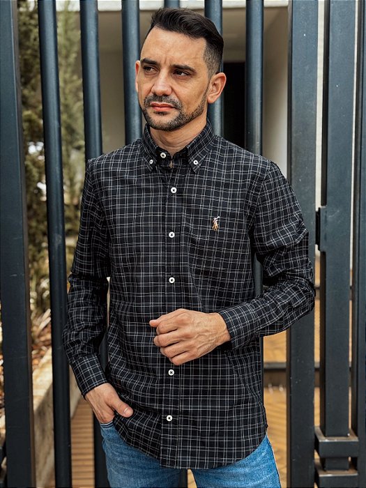 Camisa Ralph Lauren Masculina Manga Longa Custom Fit Xadrez Madras Preta Pony Colorido
