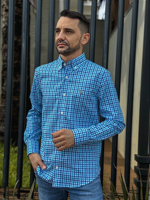 Camisa Ralph Lauren Masculina Manga Longa Custom Fit Xadrez Madras Azul Celeste/Azul Bic Pony Colorido