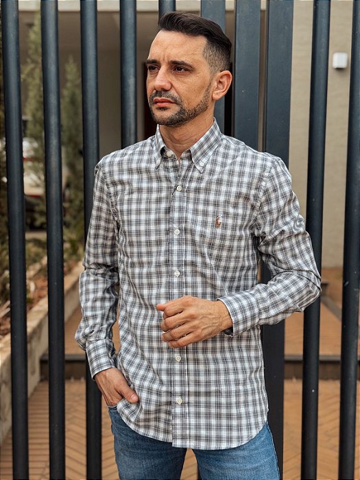 Camisa Ralph Lauren Masculina Manga Longa Custom Fit Xadrez Madras Cinza Pony Colorido