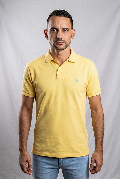 Camisa Polo Ralph Lauren Masculina Custom Fit Amarela Pony Azul Celeste