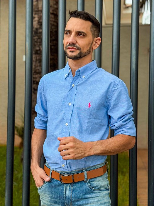 Camisa Linho Puro Azul Bebê Ralph Lauren Manga Longa Pony Pink