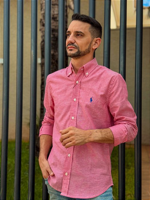 Camisa Linho Puro Vermelha Ralph Lauren Manga Longa Pony Azul Bic