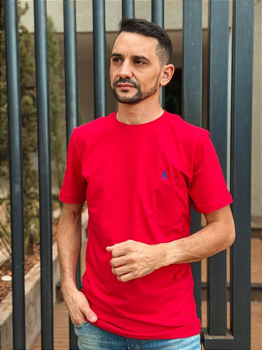 Camiseta Ralph Lauren Masculina Custom Slim Fit Vermelha Pony Azul Bic