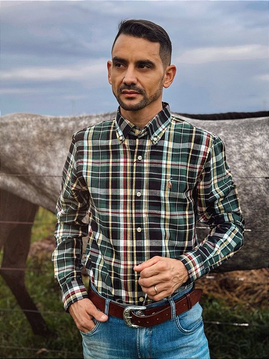 Camisa Oxford Ralph Lauren Masculina Manga Longa Custom Fit Xadrez Madras Verde Musgo Pony Colorido