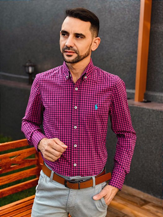 Camisa Ralph Lauren Manga Longa Micro Xadrez Fúcsia Pony Azul Celeste
