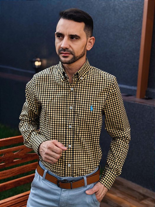 Camisa Ralph Lauren Manga Longa Micro Xadrez Amarela Pony Azul Celeste