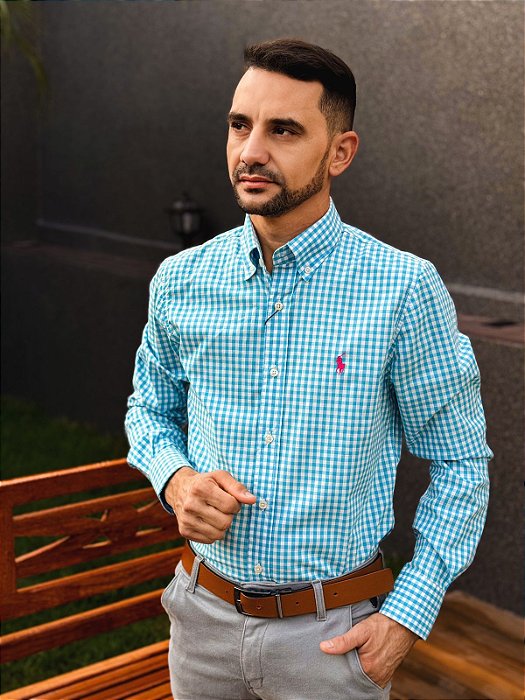 Camisa Ralph Lauren Manga Longa Micro Xadrez Azul Celeste Pony Pink