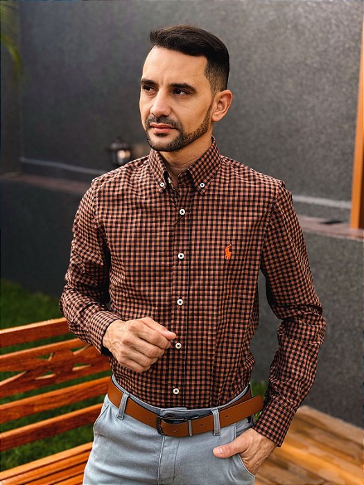 Camisa Ralph Lauren Manga Longa Micro Xadrez Marrom Terra Pony Laranja