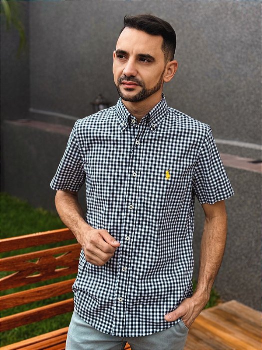 Camisa Ralph Lauren Masculina Manga Curta Custom Fit Micro Xadrez Preta Pony Amarelo