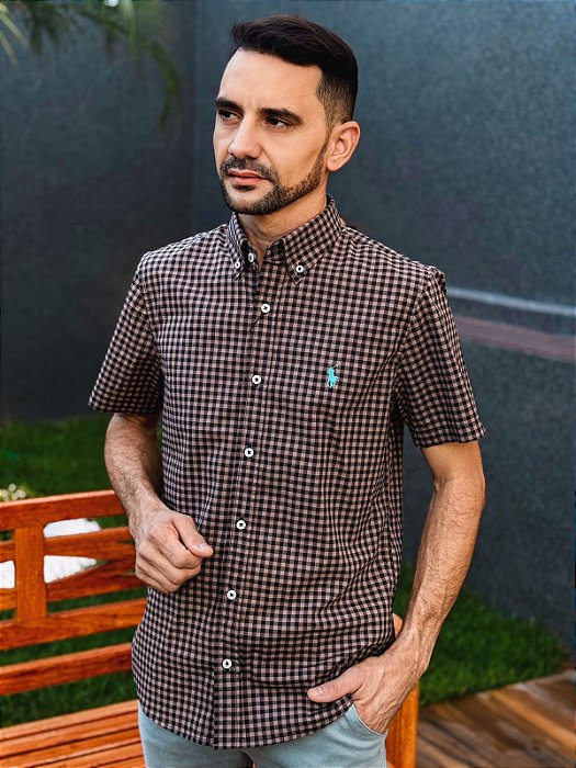 Camisa Ralph Lauren Masculina Manga Curta Custom Fit Micro Xadrez Marrom Chocolate Pony Verde Água