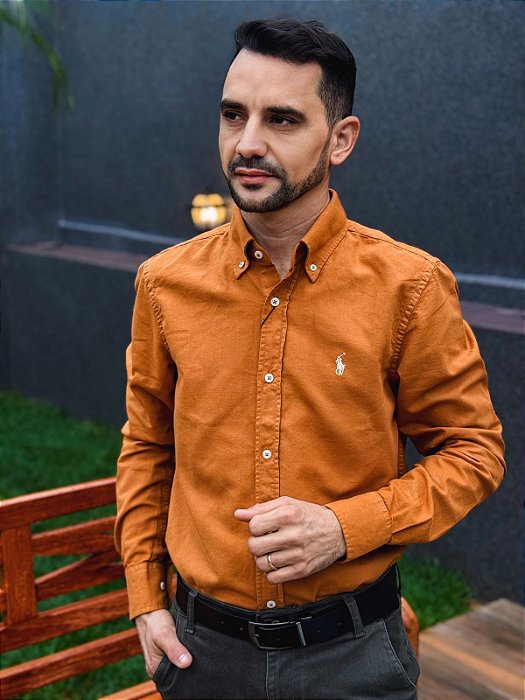 Camisa Ralph Lauren Manga Longa Oxford Tinturada Terracota Pony Creme