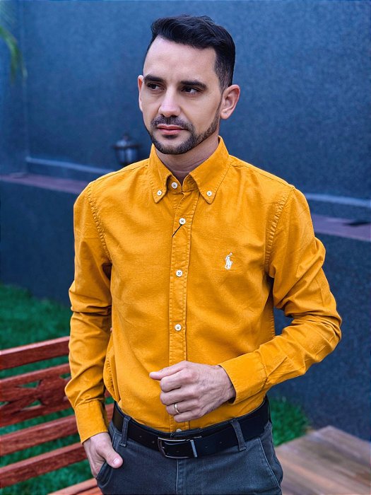 Camisa Ralph Lauren Manga Longa Oxford Tinturada Mostarda Pony Creme