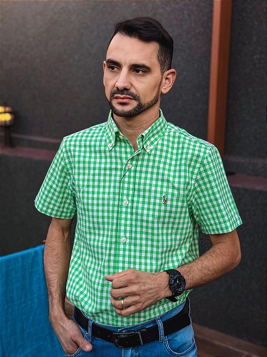 Camisa Ralph Lauren Masculina Manga Curta Oxford Custom Fit Micro Xadrez Verde Lima Pony Colorido
