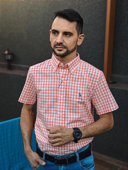 Camisa Ralph Lauren Masculina Manga Curta Oxford Custom Fit Micro Xadrez Laranja Pony Colorido