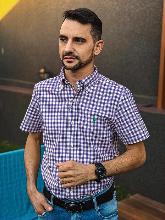 Camisa Ralph Lauren Masculina Manga Curta Oxford Custom Fit Micro Xadrez Roxa Pony Verde