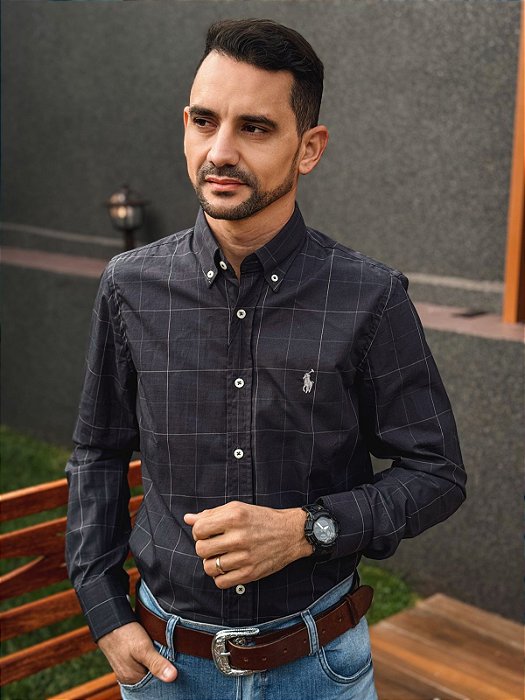 Camisa Ralph Lauren Masculina Manga Longa Custom Fit Xadrez Quadros Grafite Pony Cinza