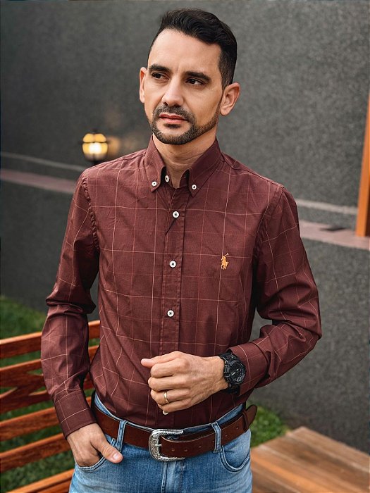 Camisa Ralph Lauren Masculina Manga Longa Custom Fit Xadrez Quadros Marrom Pony Laranja