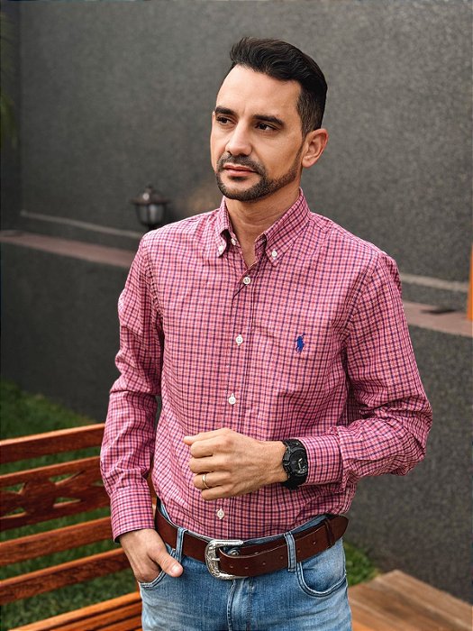 Camisa Ralph Lauren Masculina Manga Longa Custom Fit Xadrez Madras Goiaba Pony Azul Bic