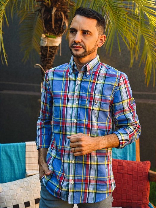 Camisa Oxford Ralph Lauren Masculina Manga Longa Custom Fit Xadrez Madras Azul Oceano Pony Colorido