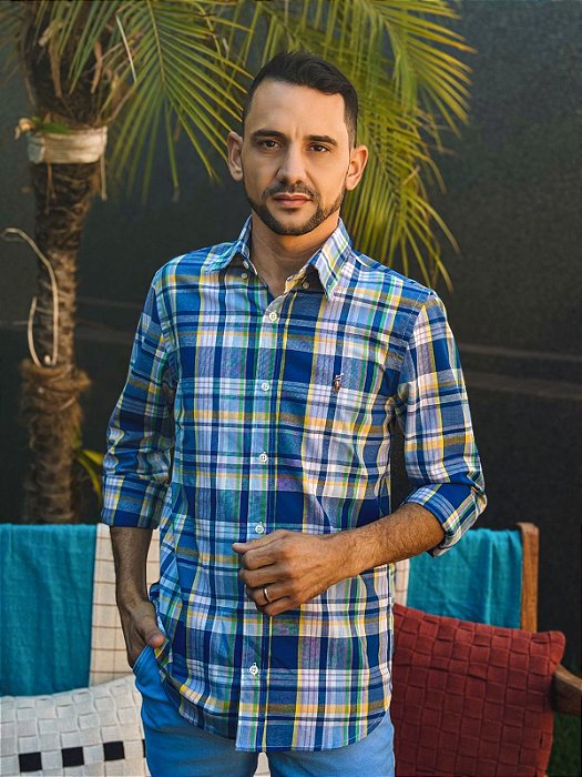 Camisa Oxford Ralph Lauren Masculina Manga Longa Custom Fit Xadrez Madras Azul Multicolor Pony Colorido