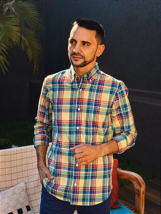 Camisa Oxford Ralph Lauren Masculina Manga Longa Custom Fit Xadrez Madras Amarela/Azul/Vermelha Pony Colorido