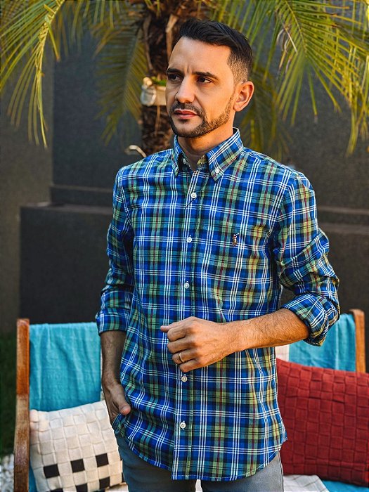 Camisa Oxford Ralph Lauren Masculina Manga Longa Custom Fit Xadrez Madras Azul/Verde Pony Colorido