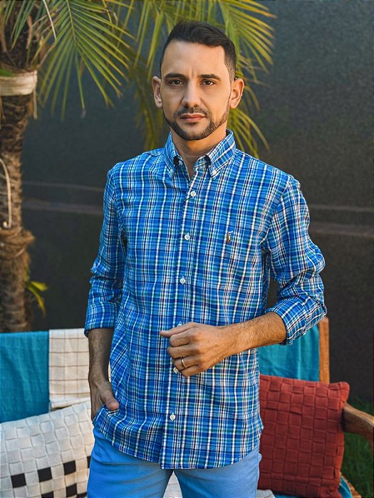 Camisa Oxford Ralph Lauren Masculina Manga Longa Custom Fit Xadrez Madras Azul/Branca Pony Colorido