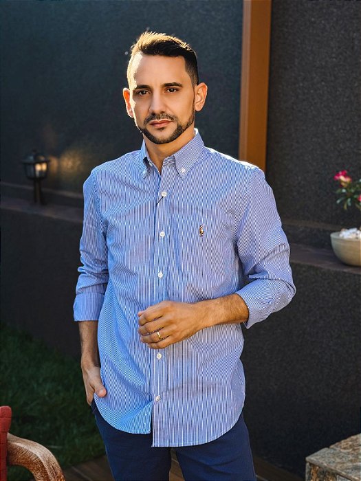 Camisa Ralph Lauren Masculina Manga Longa Custom Fit Listrada Azul Royal Pony Colorido