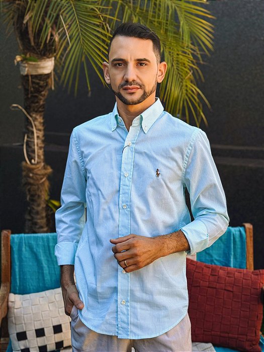 Camisa Ralph Lauren Masculina Manga Longa Custom Fit Listrada Verde Água Pony Colorido