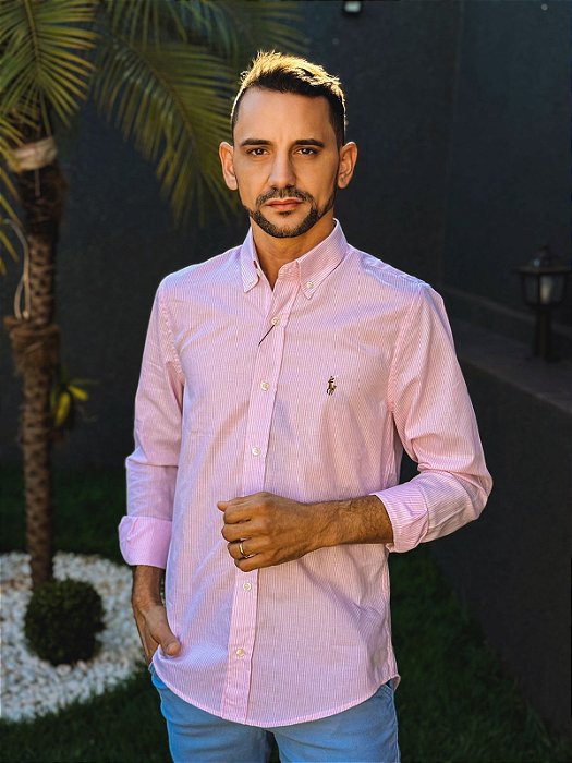 Camisa Ralph Lauren Masculina Manga Longa Custom Fit Listrada Rosa Bebê Pony Colorido