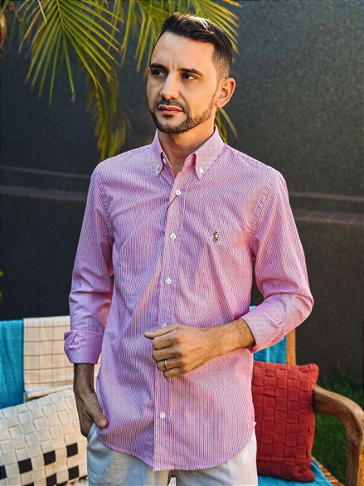 Camisa Ralph Lauren Masculina Manga Longa Custom Fit Listrada Vermelha Pony Colorido